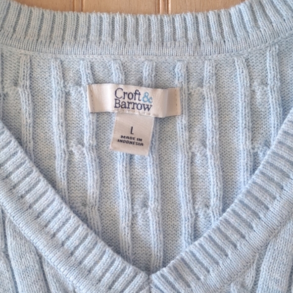 CROFT & BARROW Powder Blue V-Neck Cable Knit Cotton Blend Pullover Sweater - Picture 2 of 7